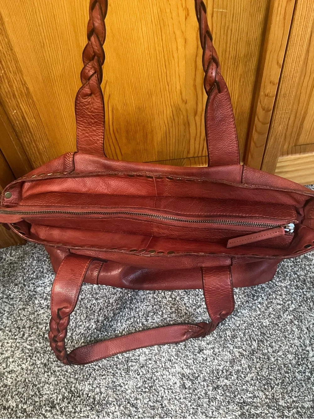 Leather Stud-Trim Tote with Braided Handles - Rust Red